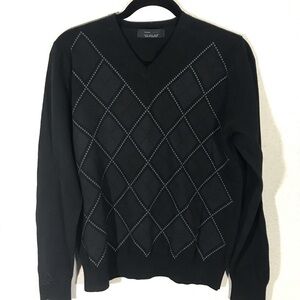 ZARA‎ MAN Argyle V-Neck Black/Gray Sweater size M